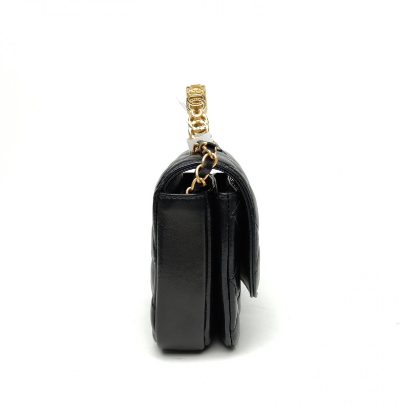 CHANEL 黑色羊皮晶片24S鏤空水鑽手柄方胖子郵差包肩背包-3