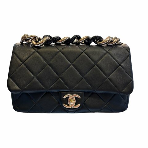 CHANEL黑色羊皮菱格金扣兩用包