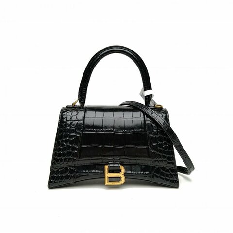 BALENCIAGA Hourglass沙漏S碼鱷魚壓紋黑色牛皮肩背包