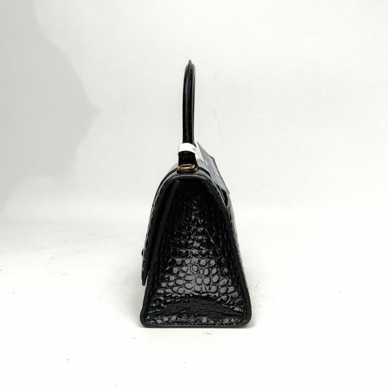 BALENCIAGA Hourglass沙漏S碼鱷魚壓紋黑色牛皮肩背包-1