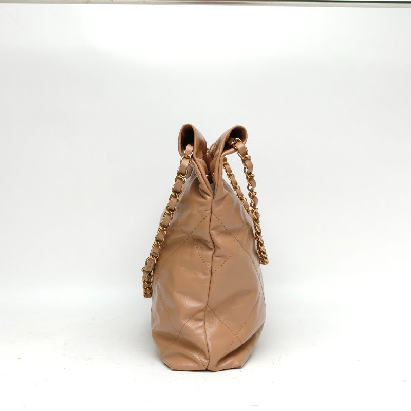 CHANEL 22BagTote托特包小號奶茶色牛皮晶片金扣肩背包-1