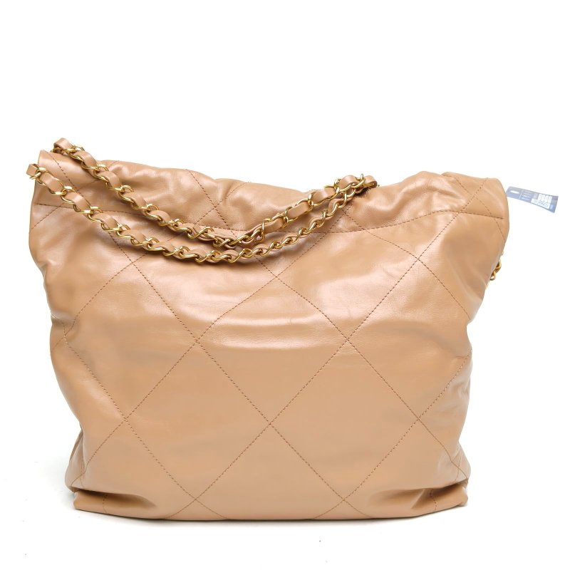 CHANEL 22BagTote托特包小號奶茶色牛皮晶片金扣肩背包-2