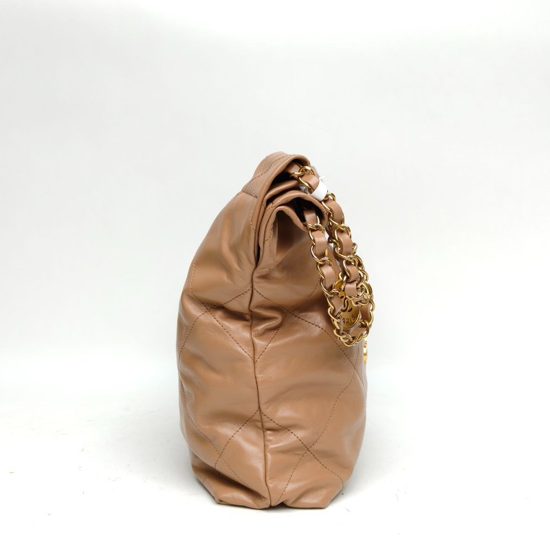 CHANEL 22BagTote托特包小號奶茶色牛皮晶片金扣肩背包-3