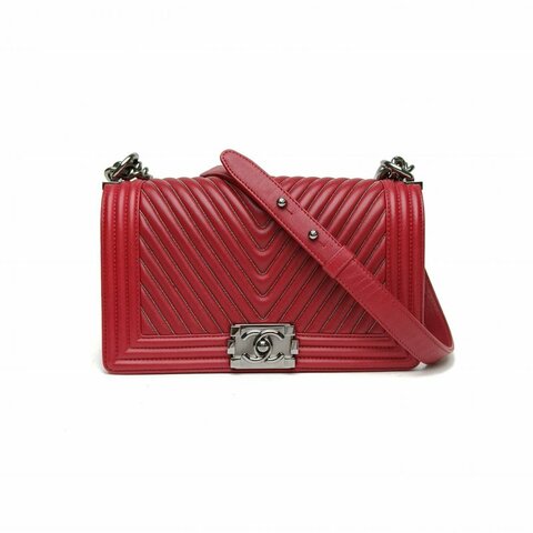 CHANEL Leboy中號25紅色牛皮20開銀扣細V紋肩背包