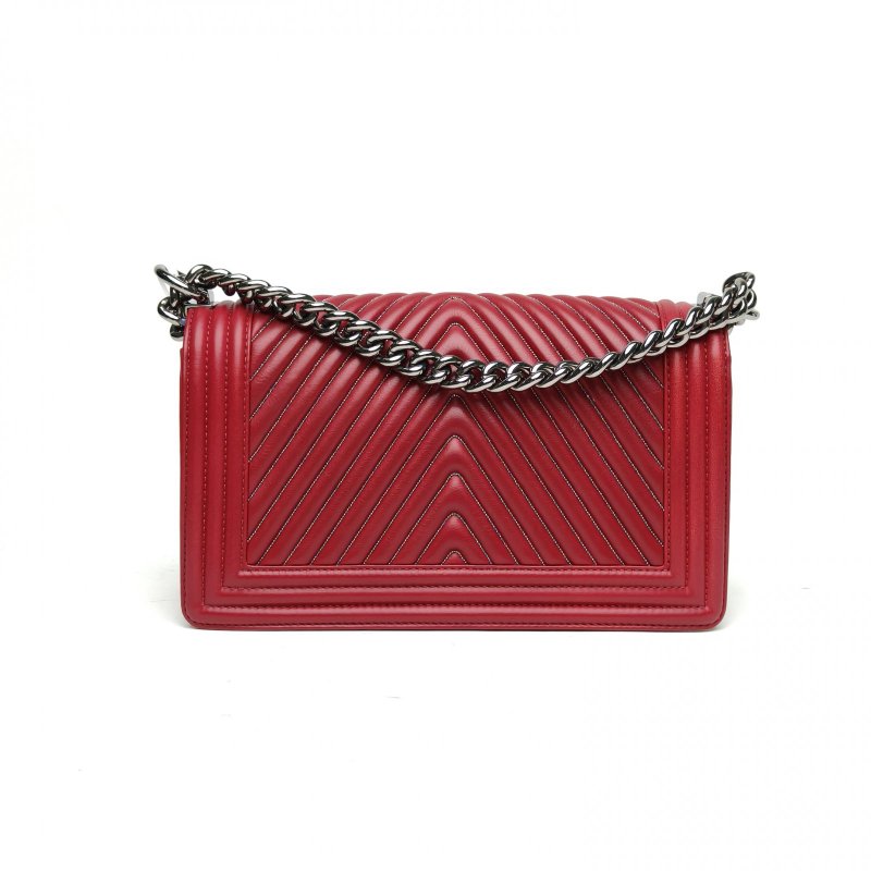 CHANEL Leboy中號25紅色牛皮20開銀扣細V紋肩背包-2