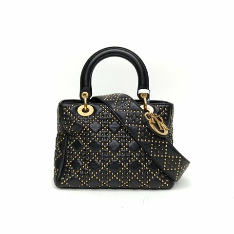 DIOR Lady戴妃包五格黑色羊皮金扣2017鉚釘肩背包