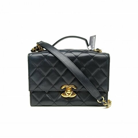CHANEL 21K手提盒子包黑色羊皮晶片開金扣金屬鏡面肩背包