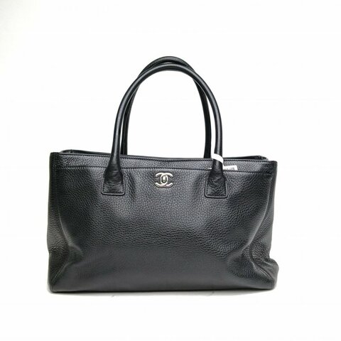 CHANEL Cerf托特包Tote大號黑色牛皮21開銀扣肩背包
