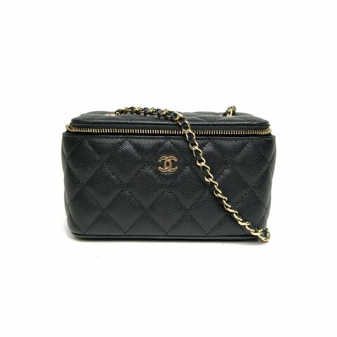 CHANEL 經典款長盒子化妝包黑色荔枝牛皮31開金扣肩背包