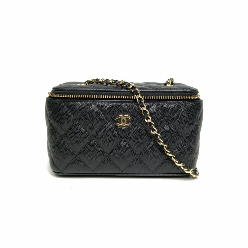 CHANEL 經典款長盒子化妝包黑色荔枝牛皮31開金扣肩背包-0