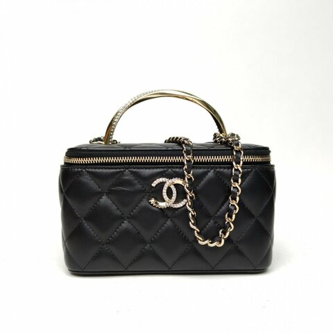 CHANEL 24K長盒子化妝包黑色羊皮淺金扣單皮穿鏈肩背包