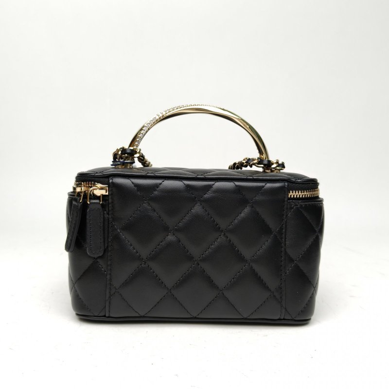 CHANEL 24K長盒子化妝包黑色羊皮淺金扣單皮穿鏈肩背包-2