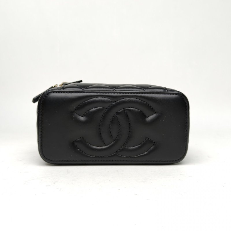 CHANEL 24K長盒子化妝包黑色羊皮淺金扣單皮穿鏈肩背包-4