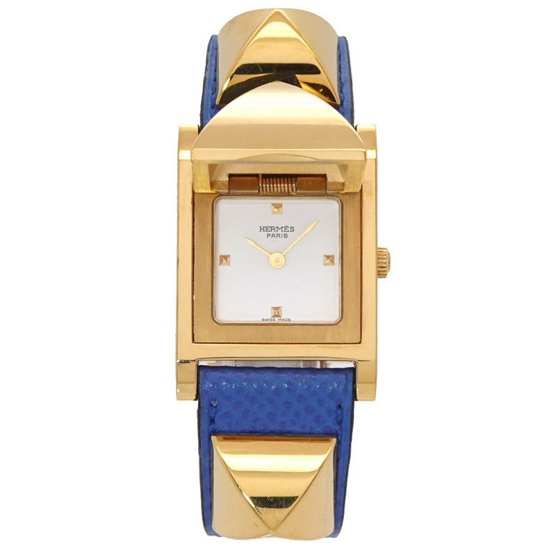 愛馬仕 Medor 女士腕錶，金字塔設計，金色鉚釘，白色和藍色皮革錶帶，石英機芯。-0