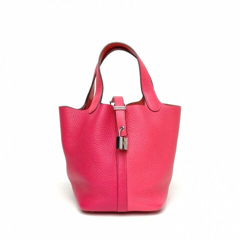 HERMES Picotin18菜籃子極致粉拼色TC皮Z刻銀扣肩背包