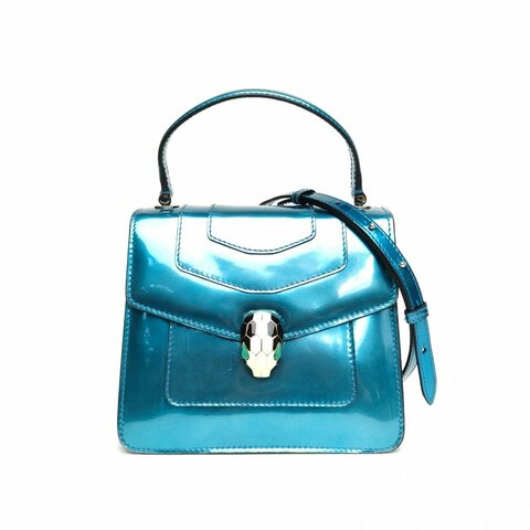 BVLGARI SerpentiForever風琴蛇頭包小號藍色漆皮肩背包