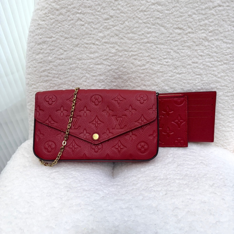 路易威登LV紅色壓紋牛皮Pochette Felicie信封三合❤️鍊條斜背包 WOC M82609-5