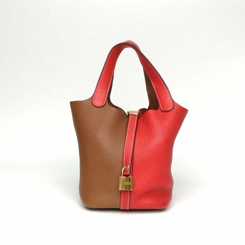 HERMES Picotin18菜籃子心紅色拼金棕色TC皮D刻金扣肩背包