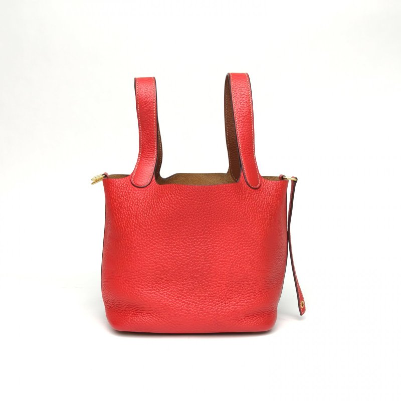 HERMES Picotin18菜籃子心紅色拼金棕色TC皮D刻金扣肩背包-1