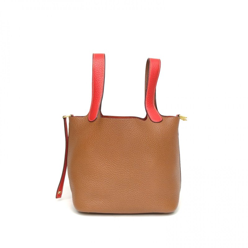 HERMES Picotin18菜籃子心紅色拼金棕色TC皮D刻金扣肩背包-3