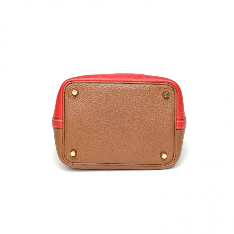 HERMES Picotin18菜籃子心紅色拼金棕色TC皮D刻金扣肩背包-4