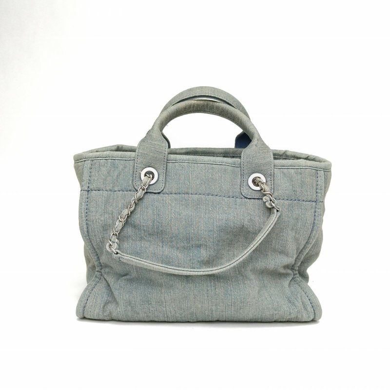 CHANEL 沙灘包小號23S牛仔藍牛皮/帆布晶片銀扣肩背包-2