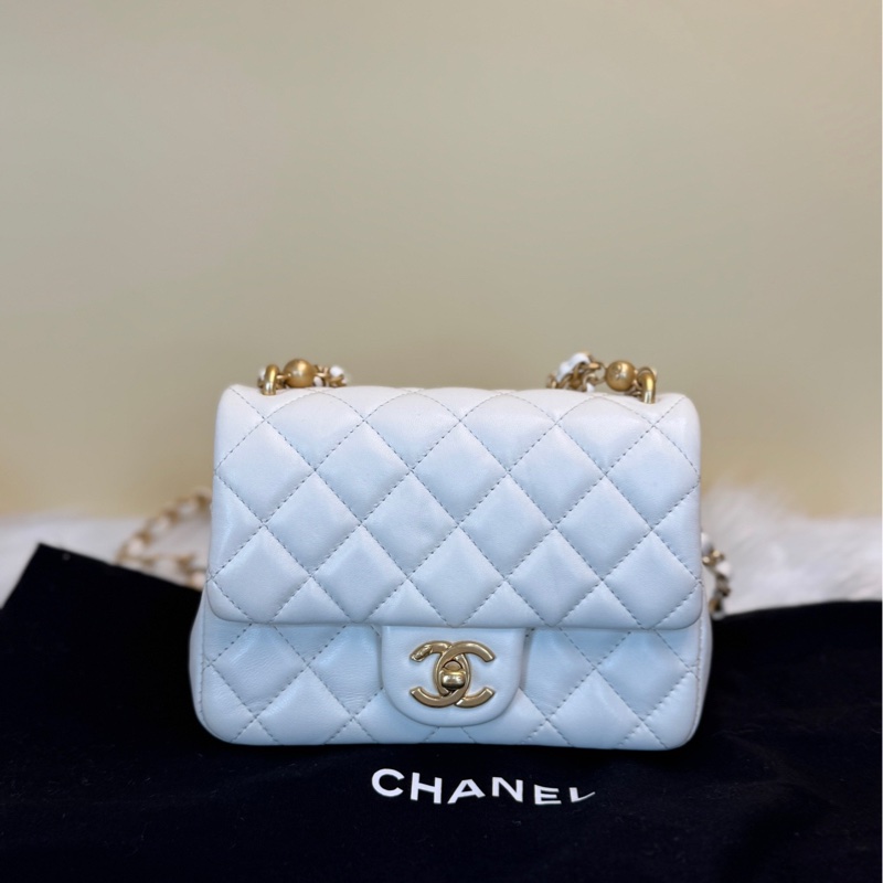 Chanel香奈兒白色珍珠 方胖子 珍珠鏈條 25B 芯片-0