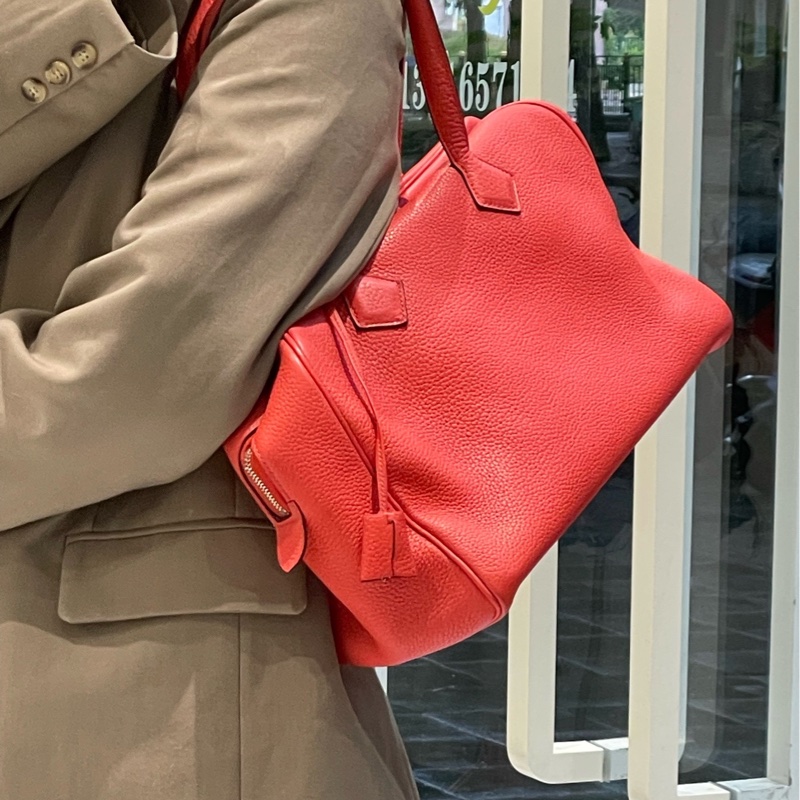 99新 Hermes愛馬仕西瓜紅 維多利35 Victoria35 手提單肩包 TC皮-4