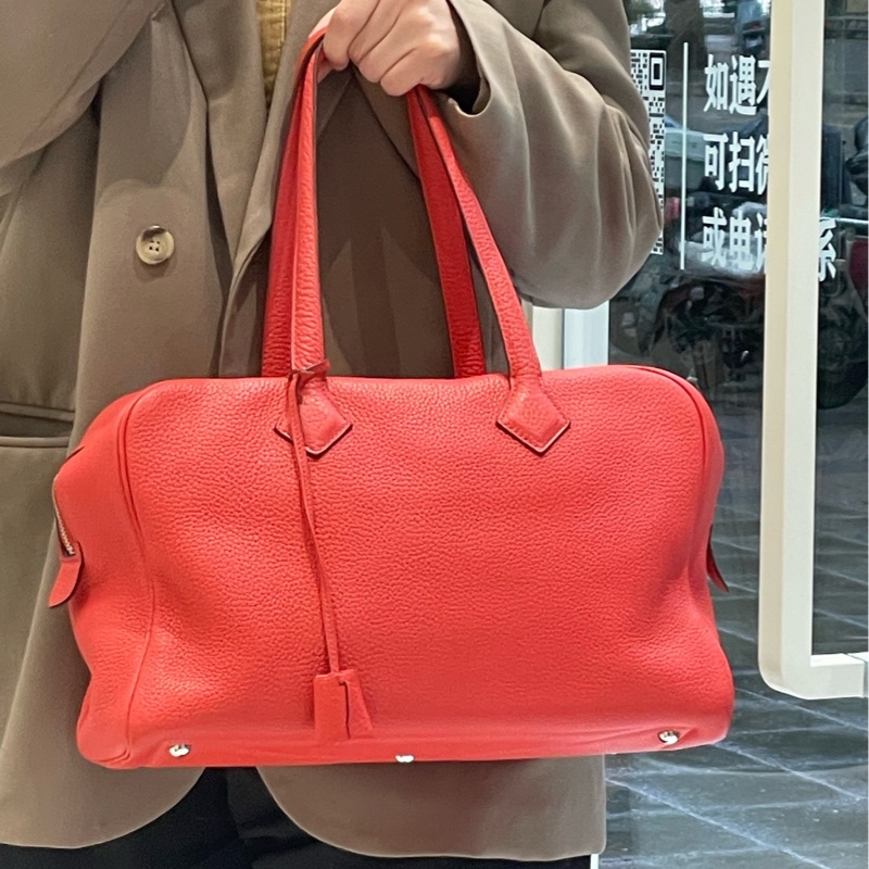 99新 Hermes愛馬仕西瓜紅 維多利35 Victoria35 手提單肩包 TC皮-5