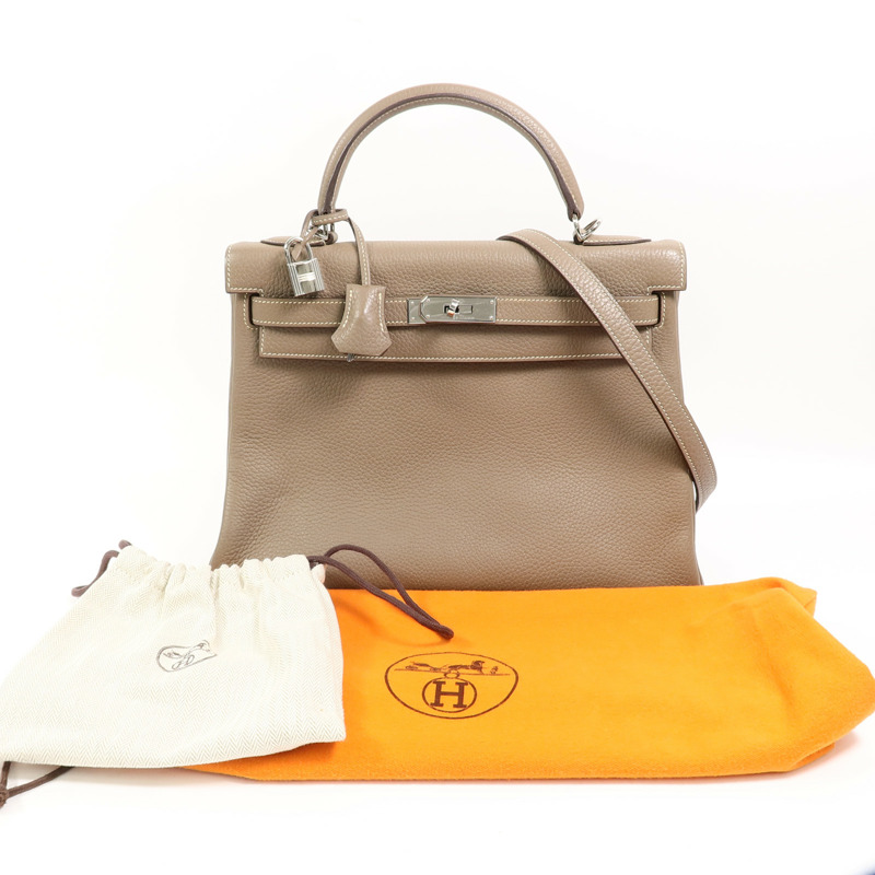 HERMES Clemence皮革Kelly 32手挽肩背兩用袋Etoupe-9