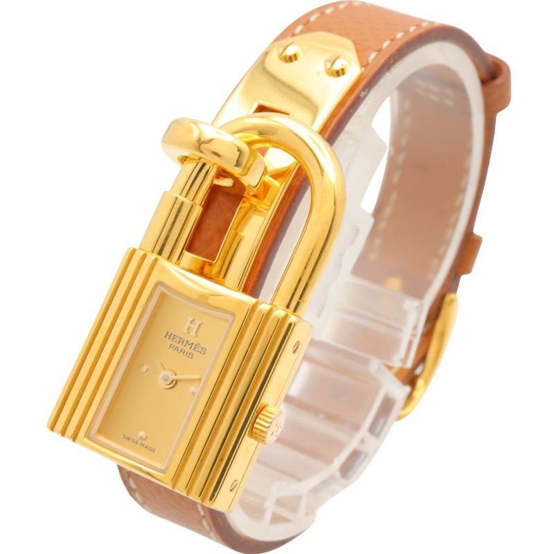 愛馬仕凱莉腕錶，鍍金（GP），皮革錶帶，女士香檳色，KE1.201-1