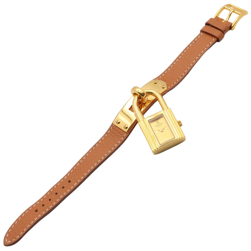愛馬仕凱莉腕錶，鍍金（GP），皮革錶帶，女士香檳色，KE1.201-2
