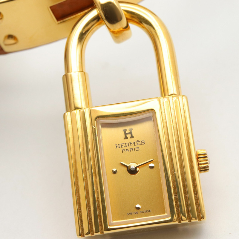 愛馬仕凱莉腕錶，鍍金（GP），皮革錶帶，女士香檳色，KE1.201-4