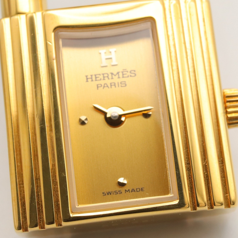 愛馬仕凱莉腕錶，鍍金（GP），皮革錶帶，女士香檳色，KE1.201-8