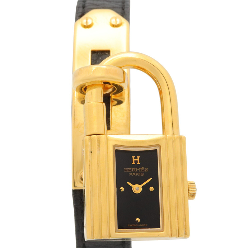 愛馬仕 Kelly 女士腕錶，鍍金 (GP)，皮革錶帶，黑色，KE1.201-0