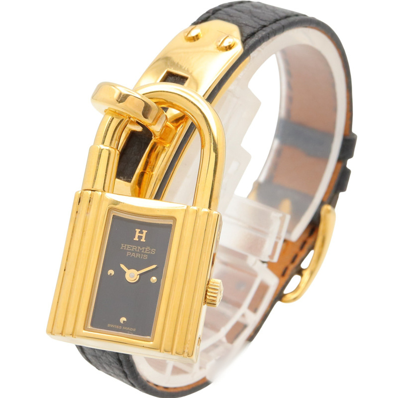 愛馬仕 Kelly 女士腕錶，鍍金 (GP)，皮革錶帶，黑色，KE1.201-1