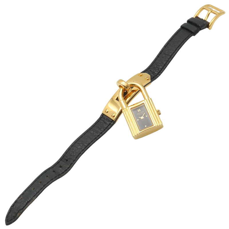 愛馬仕 Kelly 女士腕錶，鍍金 (GP)，皮革錶帶，黑色，KE1.201-2