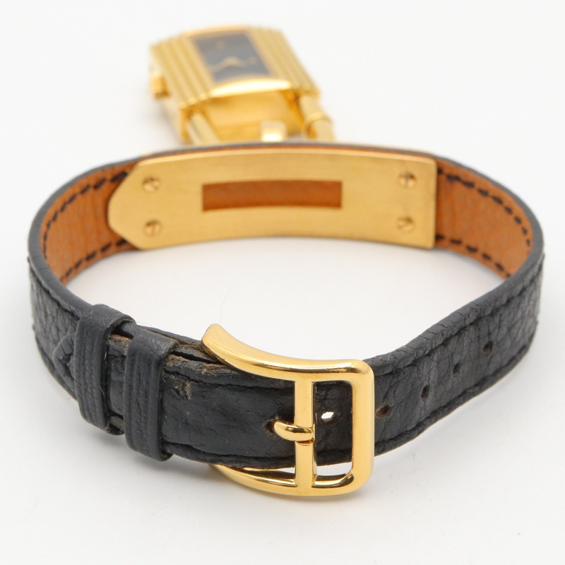 愛馬仕 Kelly 女士腕錶，鍍金 (GP)，皮革錶帶，黑色，KE1.201-3