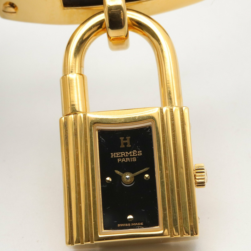 愛馬仕 Kelly 女士腕錶，鍍金 (GP)，皮革錶帶，黑色，KE1.201-4