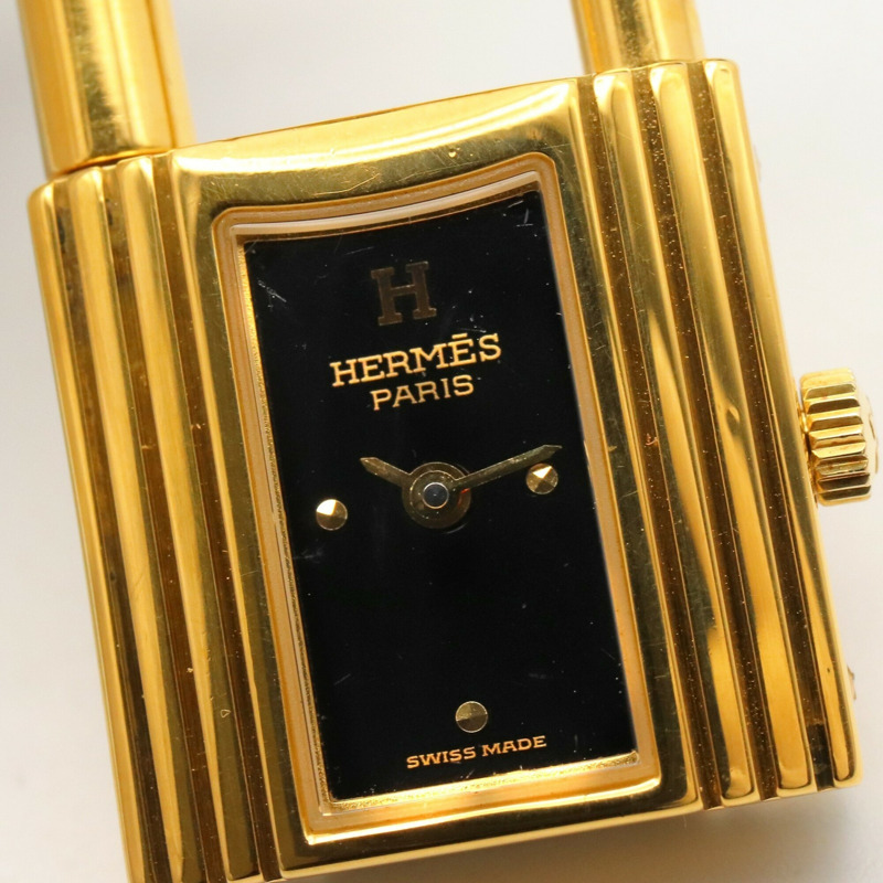 愛馬仕 Kelly 女士腕錶，鍍金 (GP)，皮革錶帶，黑色，KE1.201-8