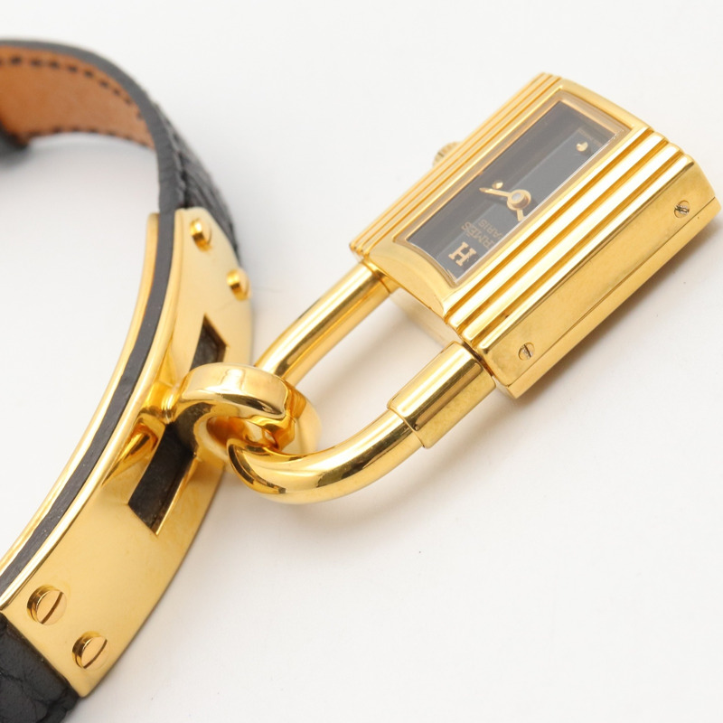 愛馬仕 Kelly 女士腕錶，鍍金 (GP)，皮革錶帶，黑色，KE1.201-9