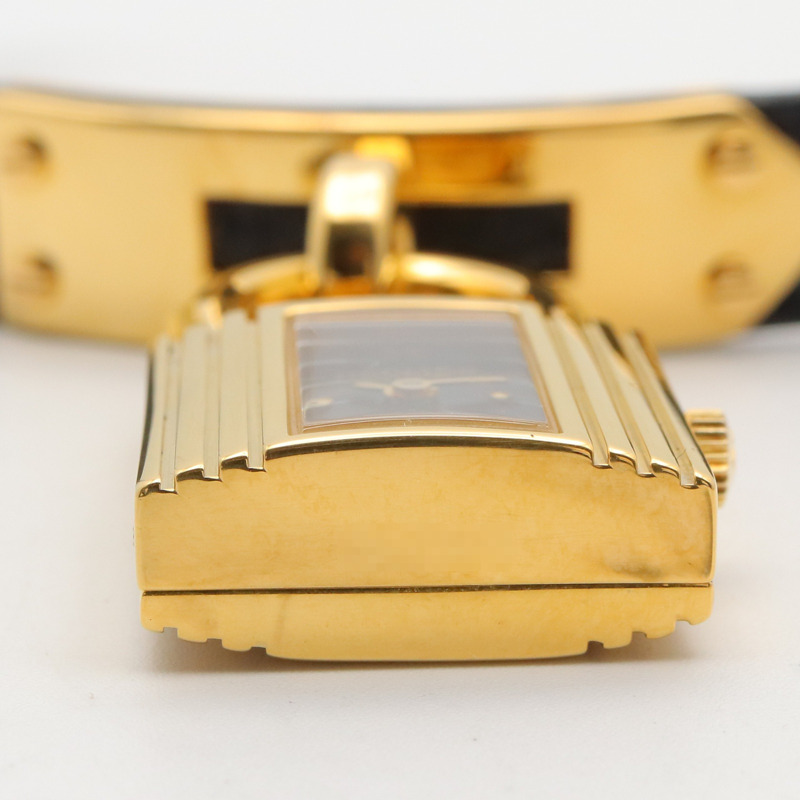 愛馬仕 Kelly 女士腕錶，鍍金 (GP)，皮革錶帶，黑色，KE1.201-10