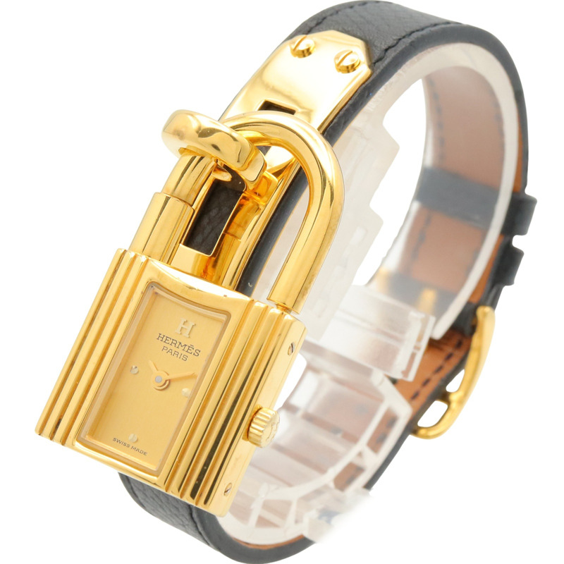 愛馬仕凱莉腕錶，鍍金（GP），皮革錶帶，女士香檳色，KE1.201-1