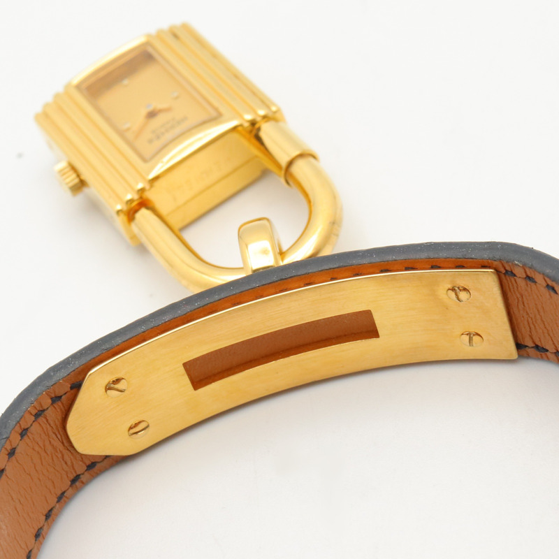 愛馬仕凱莉腕錶，鍍金（GP），皮革錶帶，女士香檳色，KE1.201-12