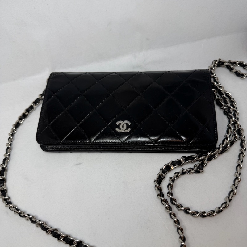 香奈兒 長夾 黑色皮革 亮面皮 腋下包 斜背包 斜挎包 皮革 側背包 斜挎包 斜背包 鏈條包 chanel black wallet  bag/crossbody bag-6