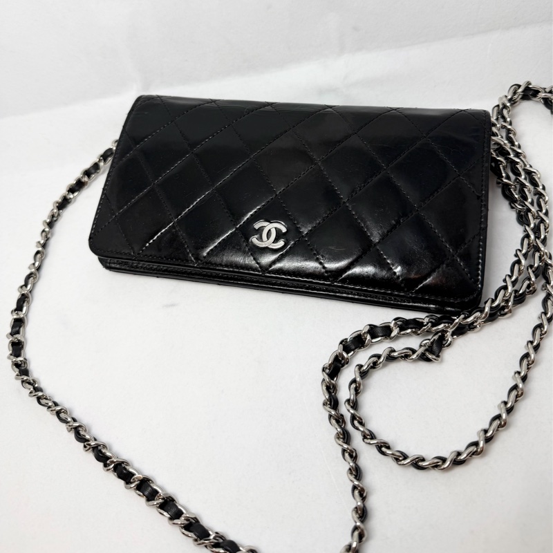 香奈兒 長夾 黑色皮革 亮面皮 腋下包 斜背包 斜挎包 皮革 側背包 斜挎包 斜背包 鏈條包 chanel black wallet  bag/crossbody bag-7