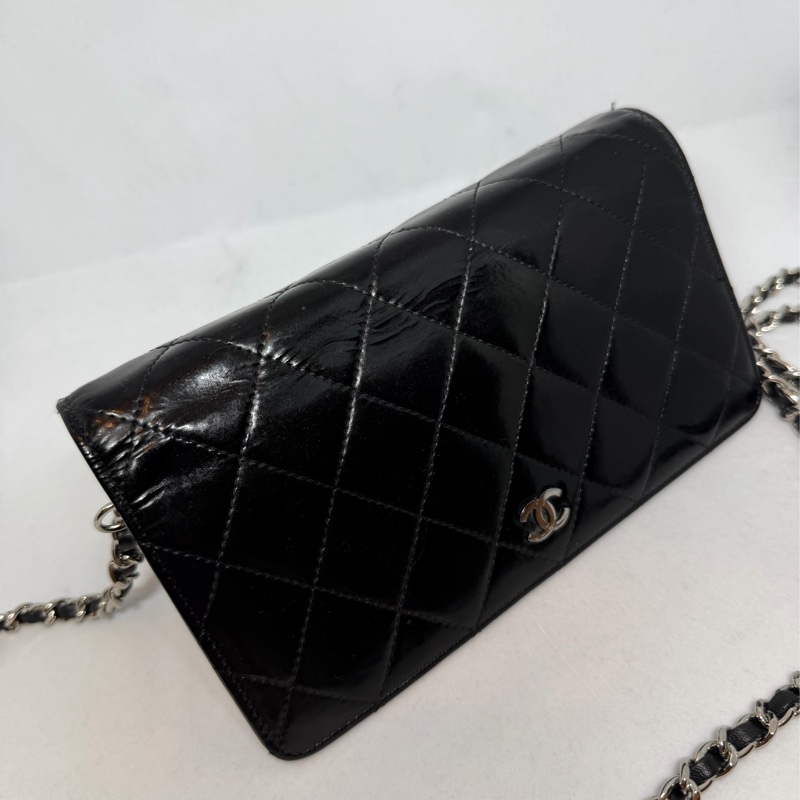 香奈兒 長夾 黑色皮革 亮面皮 腋下包 斜背包 斜挎包 皮革 側背包 斜挎包 斜背包 鏈條包 chanel black wallet  bag/crossbody bag-9