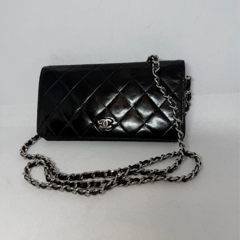 香奈兒 長夾 黑色皮革 亮面皮 腋下包 斜背包 斜挎包 皮革 側背包 斜挎包 斜背包 鏈條包 chanel black wallet  bag/crossbody bag-10