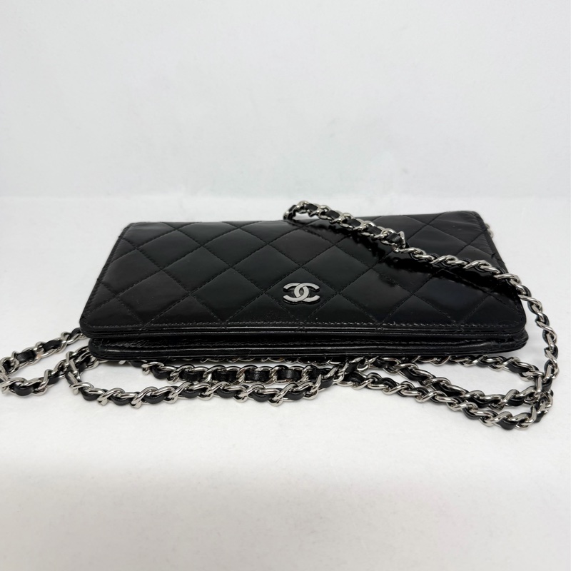 香奈兒 長夾 黑色皮革 亮面皮 腋下包 斜背包 斜挎包 皮革 側背包 斜挎包 斜背包 鏈條包 chanel black wallet  bag/crossbody bag-11