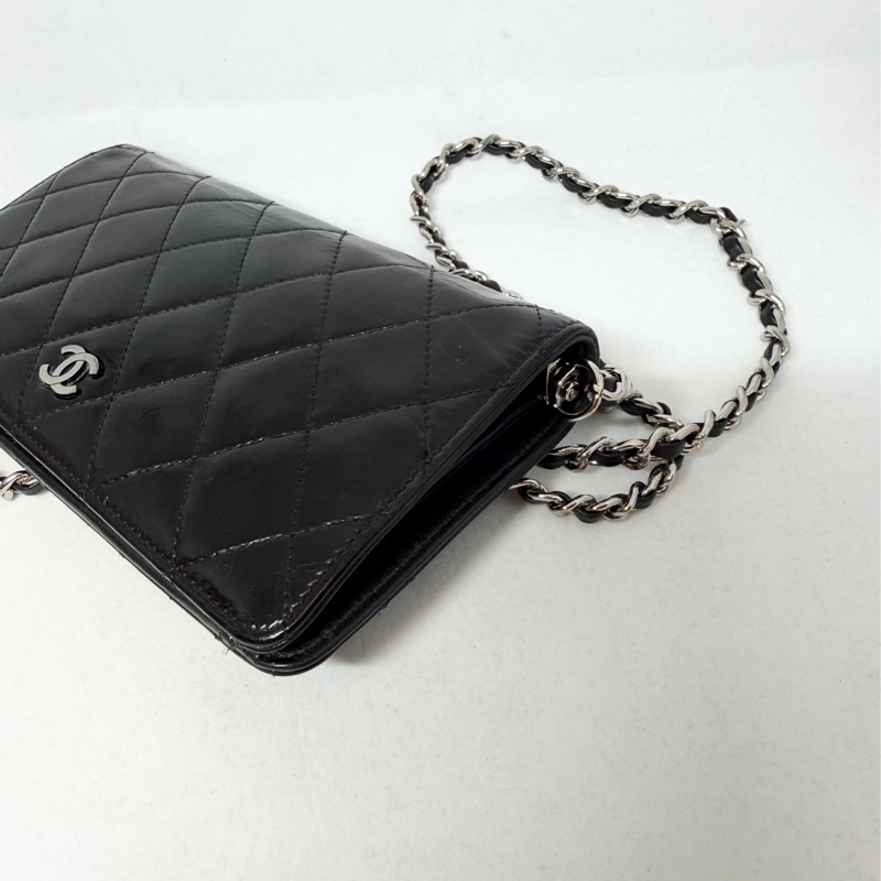 香奈兒 長夾 黑色皮革 亮面皮 腋下包 斜背包 斜挎包 皮革 側背包 斜挎包 斜背包 鏈條包 chanel black wallet  bag/crossbody bag-12